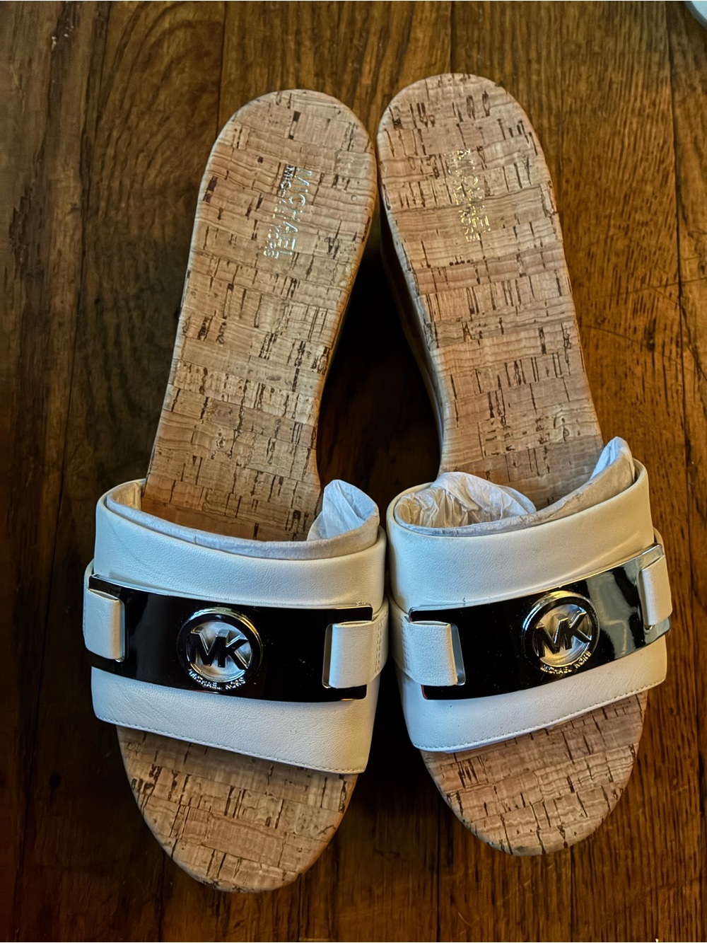 Michael Kors White Leather Cork-Trim Logo Slide Sandals
